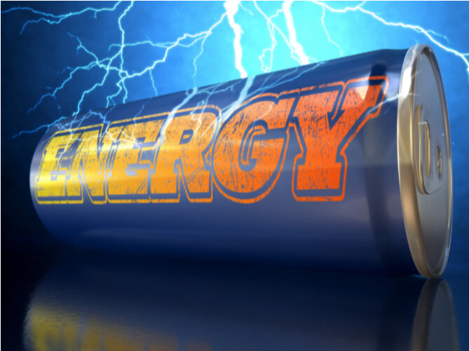 A can laid on the side with the word energy in orange across it. Behind there is lightening strikes.