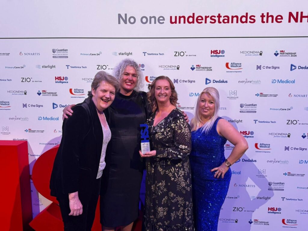 Health Squad crowned winners in national NHS Partnership Awards 1 Liz Fisher, Kay Wright, Carol Gaskarth and Melissa Pearce are smiling and holding their award.