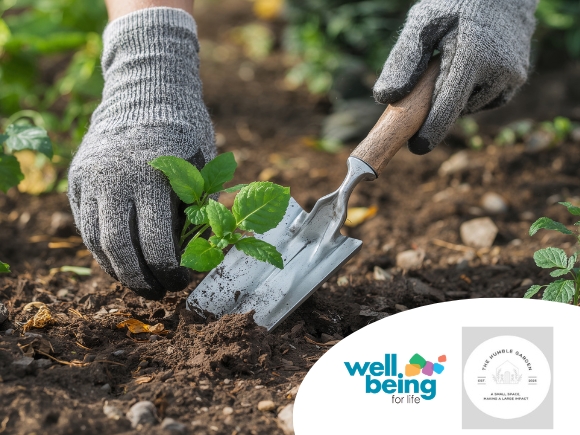 A person gardening. Wellbeing for Life and The Humble Garden CIC logos.